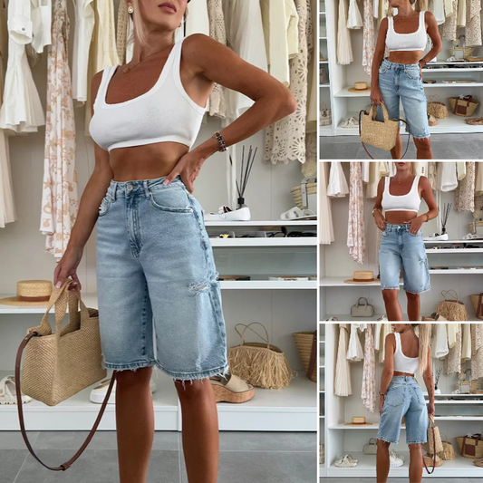 Pantaloni midi in denim retrò distrutti