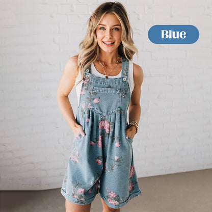 Tuta in Denim con Stampa Floreale in Stile Vintage