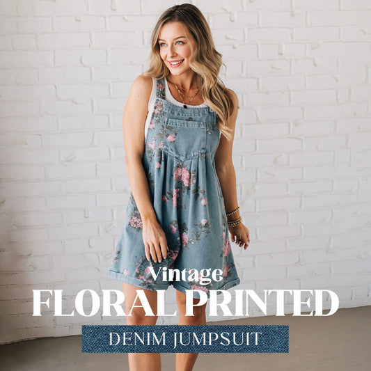 Tuta in Denim con Stampa Floreale in Stile Vintage