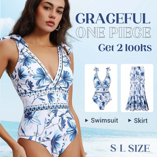 💥 Offerta Speciale 50% DI SCONTO 💥 Costume intero stampato con scollo a V e allacciatura + gonna