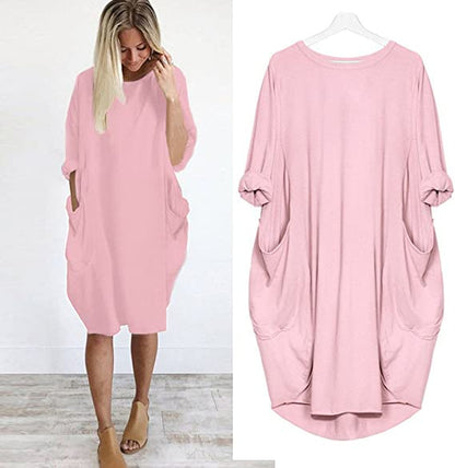 Vestito Casual Donna a Maniche Lunghe con Tasche, Vestibilità Larga