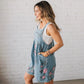 Tuta in Denim con Stampa Floreale in Stile Vintage