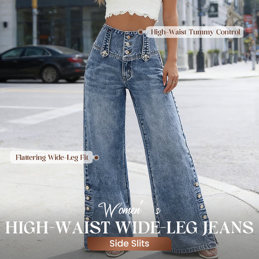 Jeans Donna a Vita Alta Gamba Larga con Spacchi Laterali