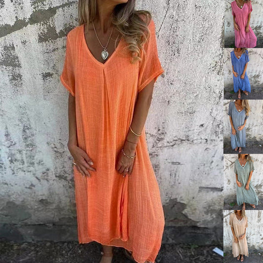 🌈NUOVI SALDI 2025 - 50% DI SCONTO🌈Abito ampio da donna in cotone e lino con scollo a V