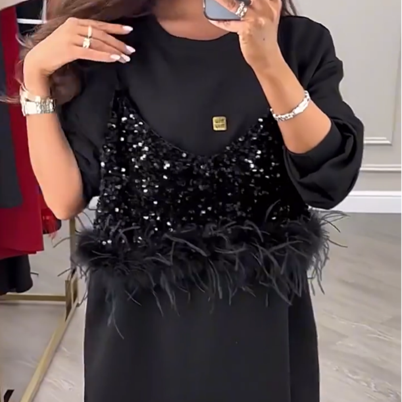 📦Consegna gratuita📦Moda donna Abito nero con paillettes 2 pezzi