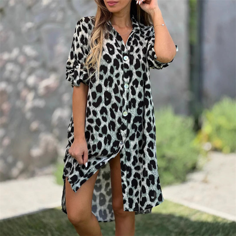 Abito Camicia Sovradimensionato con Stampa Leopardo