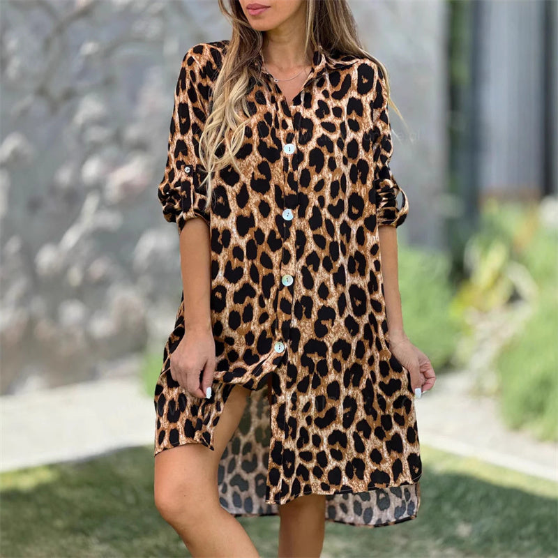 Abito Camicia Sovradimensionato con Stampa Leopardo