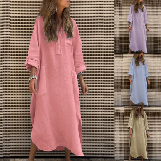 Vestito Casuale da Donna a Maniche Lunghe in Tinta Unita con Tasche