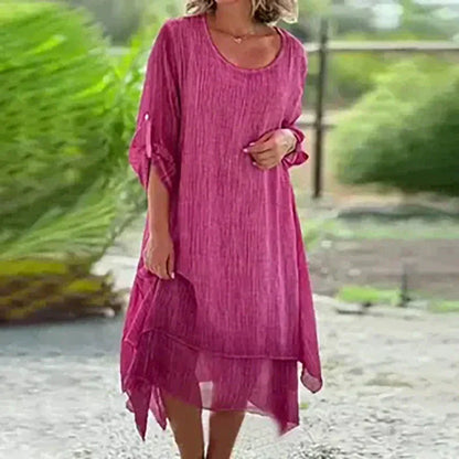 Vestito Tinta Unita Elegante da Donna con Scollo Rotondo e Vestibilità Ampia