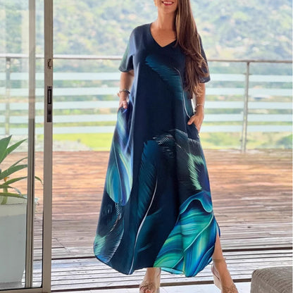 Abito da donna casual, largo e stampato, con scollo a V e maniche corte