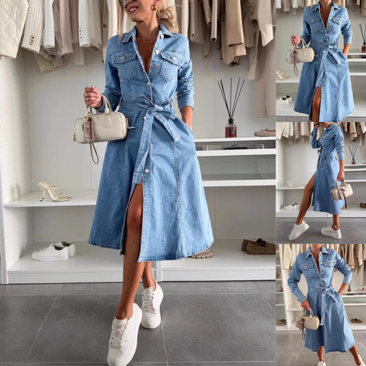 Abito di jeans da donna con bottoni e maniche lunghe