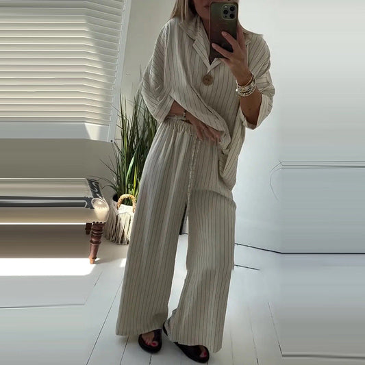 Completo a Righe da Donna 2 Pezzi: Top e Pantaloni a Gamba Larga