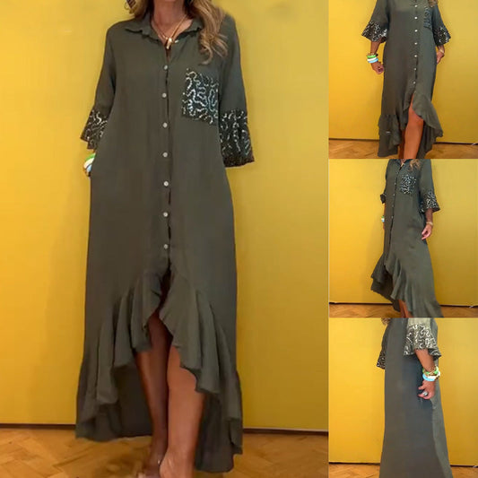 Abito Camicia da Donna con Bottoni e Orlo a Balze