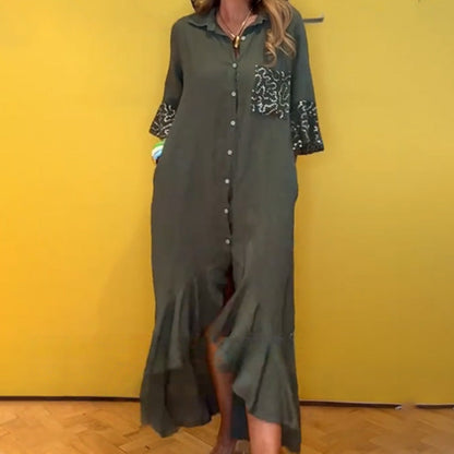 Abito Camicia da Donna con Bottoni e Orlo a Balze