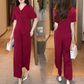 Top a Maniche Corte con Scollo a V & Pantaloni da Donna a Gamba Larga 2 Pezzi Set