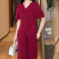 Top a Maniche Corte con Scollo a V & Pantaloni da Donna a Gamba Larga 2 Pezzi Set
