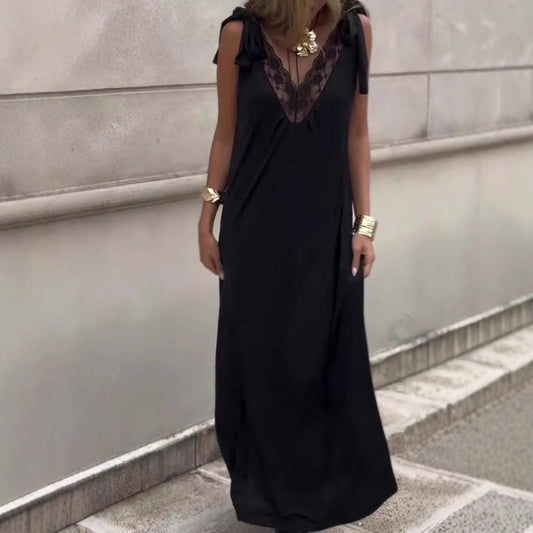 Abito Lungo da Donna Senza Maniche con Scollo a V e Dettaglio in Pizzo