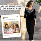 Completo top e pantaloni da donna in velluto con strass