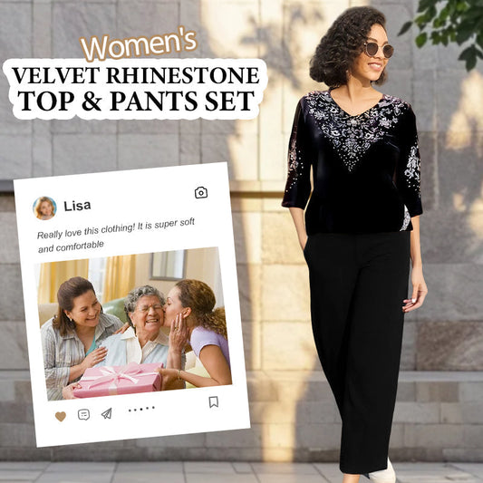 Completo top e pantaloni da donna in velluto con strass