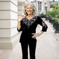 Completo top e pantaloni da donna in velluto con strass