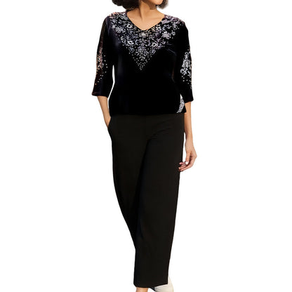 Completo top e pantaloni da donna in velluto con strass