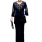 Completo top e pantaloni da donna in velluto con strass