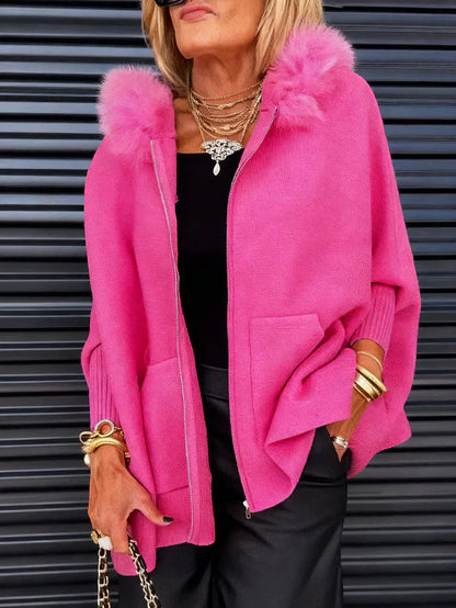 ⏳Sconto del 50% per un periodo limitato⏰Giacca casual da donna in tinta unita con collo in pelliccia🧥