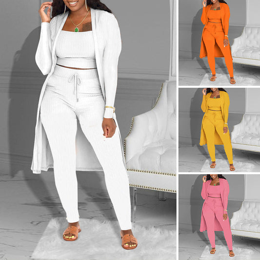 Completo casual in maglia 3 pezzi: top corto, cardigan a maniche lunghe e pantaloni aderenti