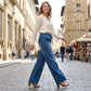 Jeans da donna in denim a gamba larga con coulisse in vita