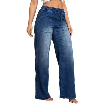 Jeans da donna in denim a gamba larga con coulisse in vita
